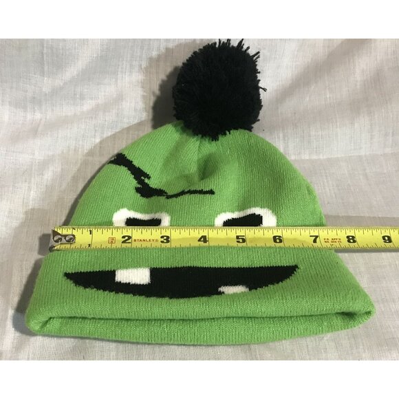 Green Knit Beanie Hat With Fun Monster Face & Black Pom Pom For Kids - Picture 3 of 4